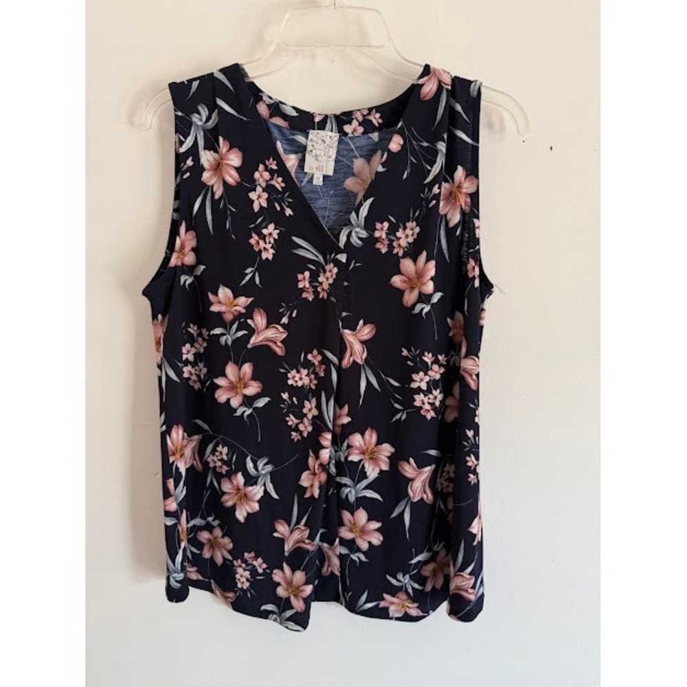 Floral Naif Tank Top Womens XL Navy Blue V-Neck Sleeveless Pleated Blouse Casual